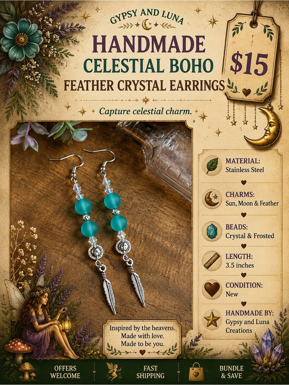 Handmade Boho Feather Crystal Earrings